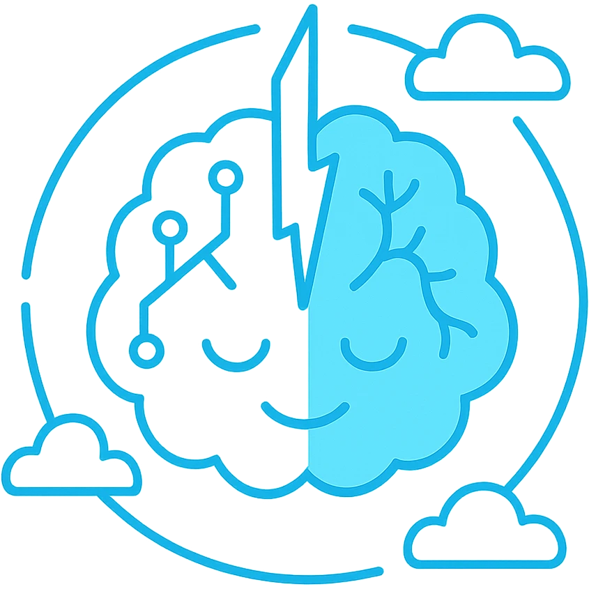 minimalist icon of a brain divided in half by a central energy blade, hemispheres with circuit and neuron lines, outer circle broken by three points, flat, monochromatic neon blue, for emoji or digital badge emoji