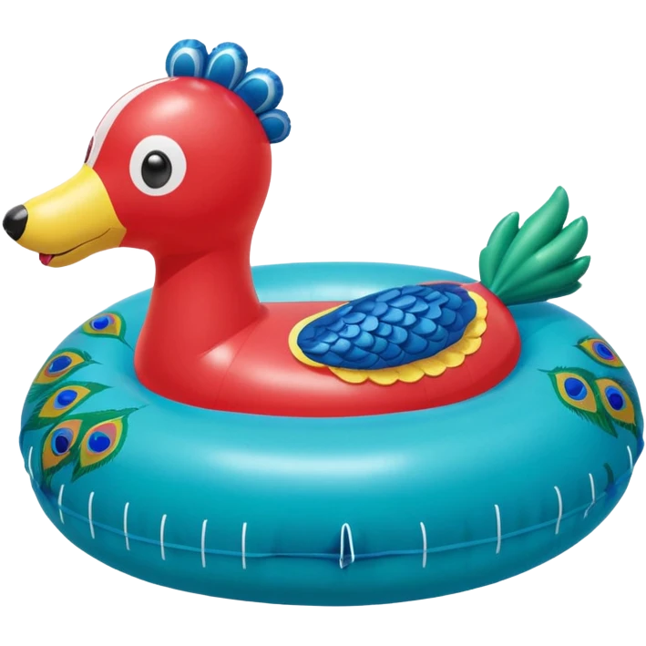 Red balloon animal dog pool floatie and peacock pool floatie emoji