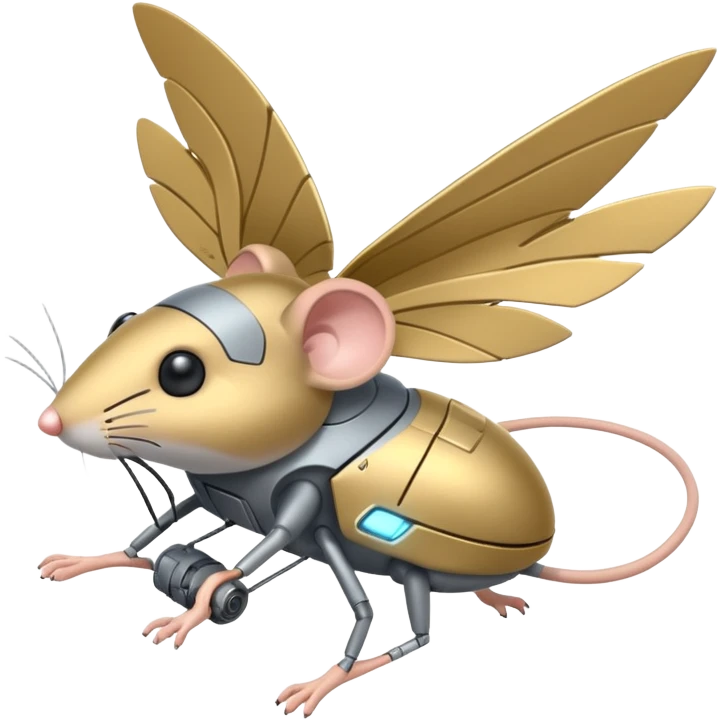A mouse combined with a military drone, with mechanical wings and a determined expression, flying through the city emoji