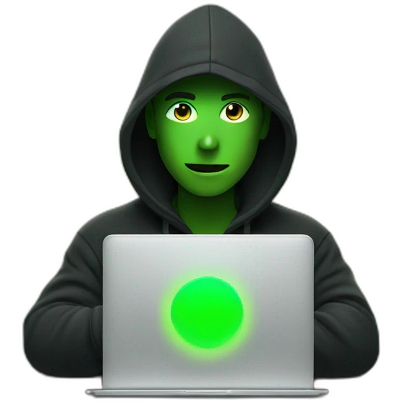 a man wearing a black hoodie behind a laptop screen projecting green light on him emoji