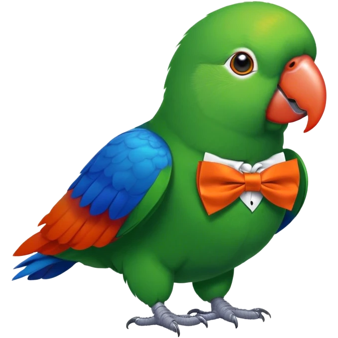 Give me an emoji, a green bird with an orange beach and red+blue under the wings. Make this bird a male eclectus parrot, give him a spiffy little orange bowtie emoji