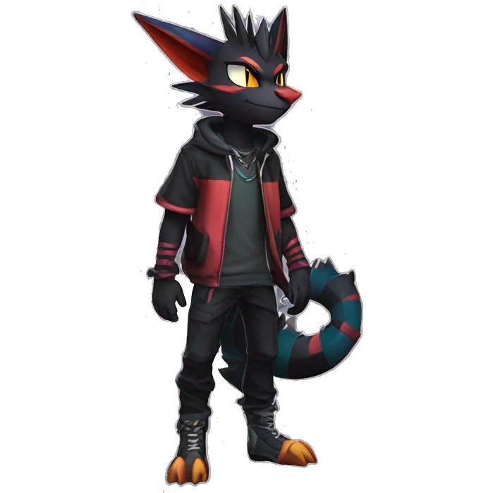 Cool Anthro Black Noivern-Nargacuga-Litten-Pokémon with edgy stripes hoodie spiked collar punk Full Body emoji