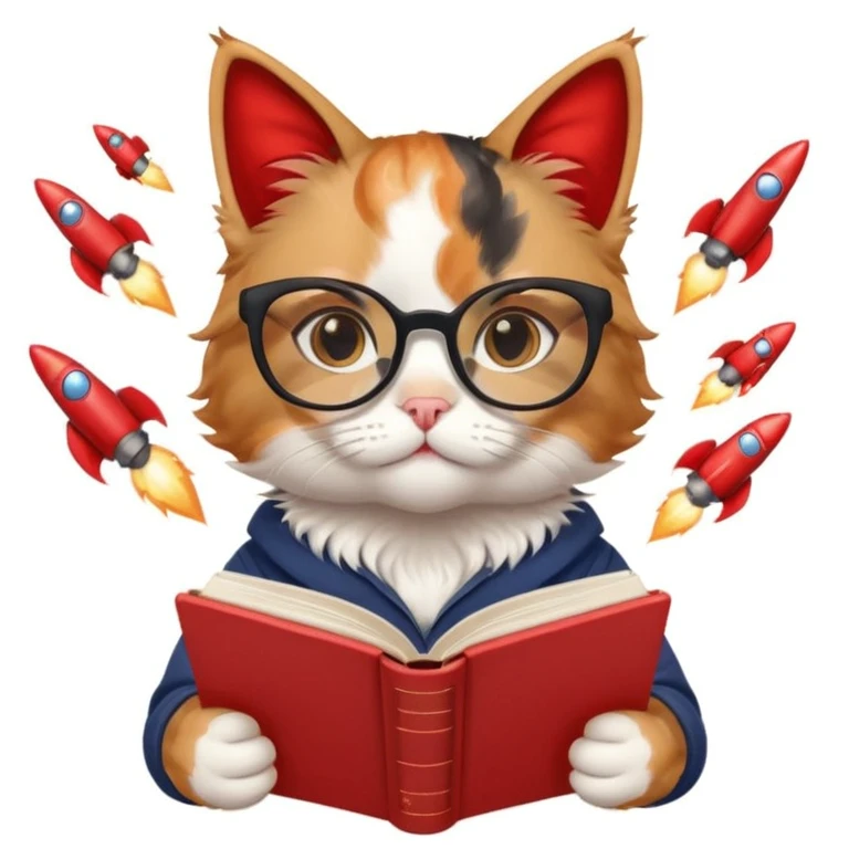 Girly cat reading a book with red alert sirens and rockets flying behind emoji