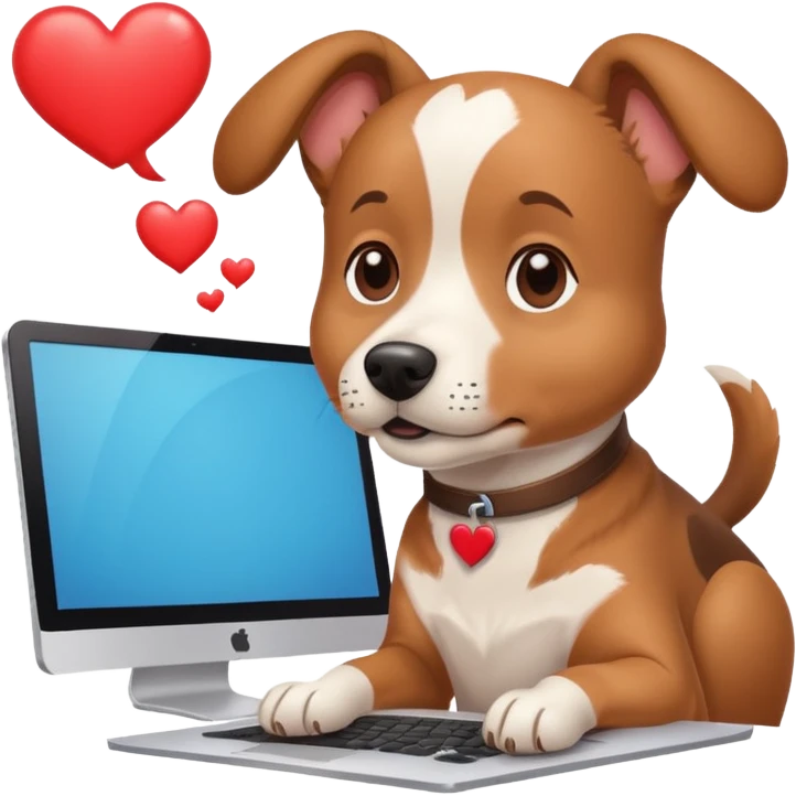 Dog at computer thought bubble hearts  emoji
