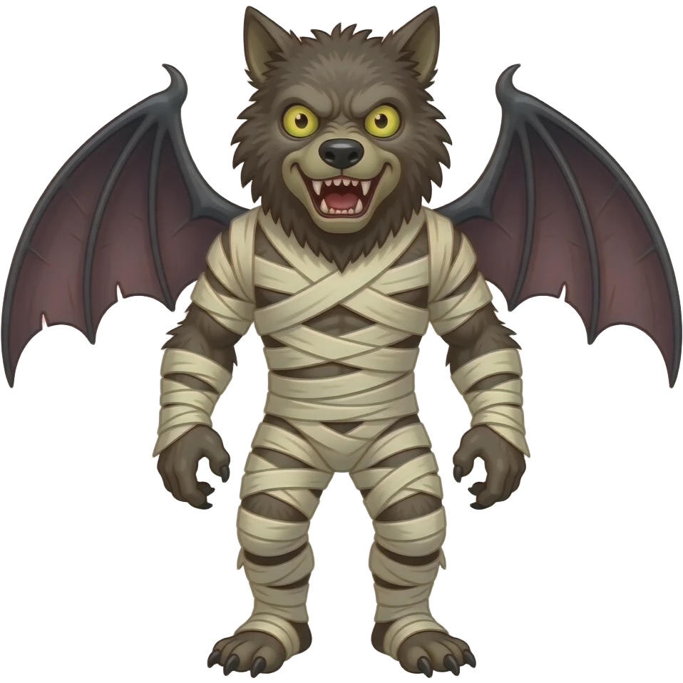 A zombie with a hairy werewolf body with bat wings wrapped up like a mummy emoji