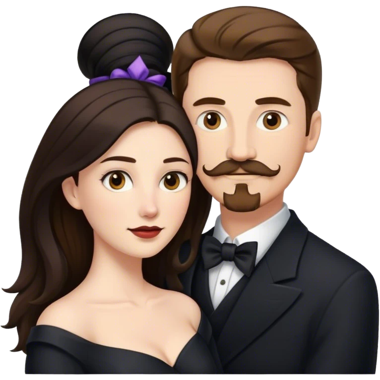 married couple portrait, tall white man with brown hair goatee mustache embracing a pale woman with long black hair, wearing formal clothing emoji