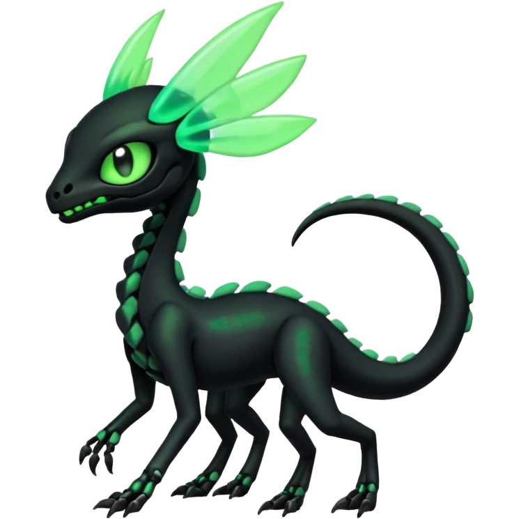 Obsidian-black and neon-glowing-green skeletal Meloetta-Salandit-Gorebyss-Salazzle-Pokémon-Fakémon-creature-fusion-hybrid emoji