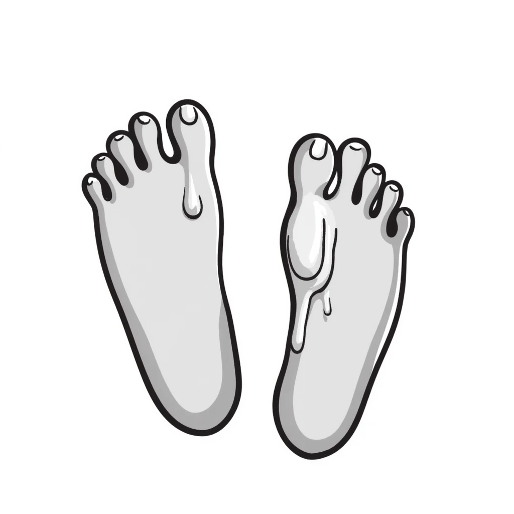 detailed illustration of bare foot soles with white sap sticking to them, realistic drawing emoji
