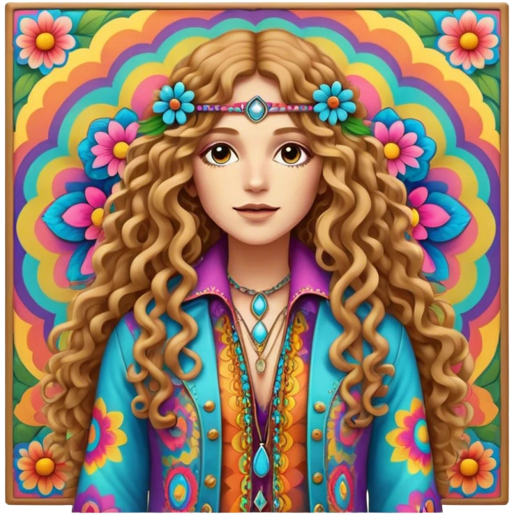 Create a 3D ultra detailed psychedelic colored square hippie style flower border with a gorgeous hippie in the center with long curly hair, bell bottoms, and a fringed jacket emoji