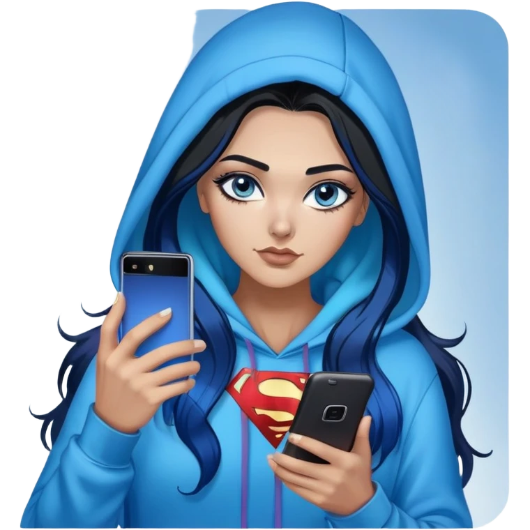 Female-Very tall-very very very large chest-texting on a samsung cell phone-very long straight black to sky blue hair ombre-blue eyes-black eyeliner-long eyelashes-hoodie with glitter superman logo-leggings-lippierced emoji