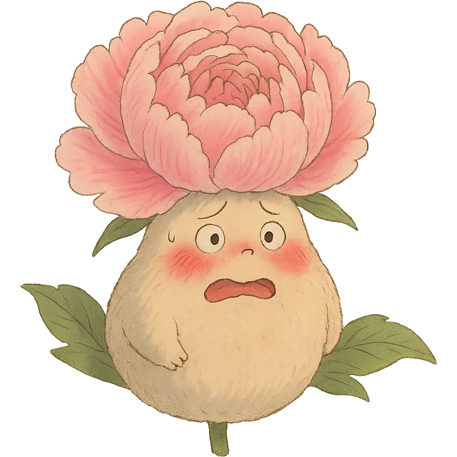 粉红牡丹花花，圆滚滚身体，脸颊通红，表情紧张的样子 emoji