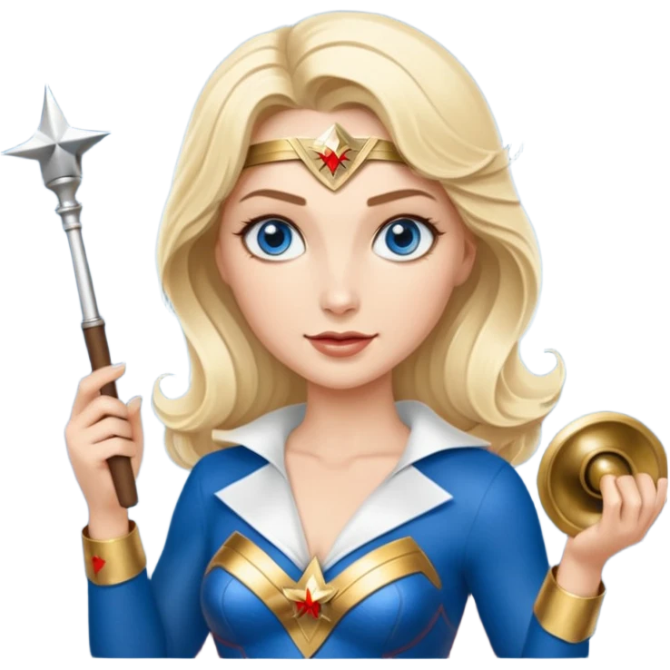 Blonde blue eyes Wonder Woman holding bell and short white orchestra conductor’s baton  emoji