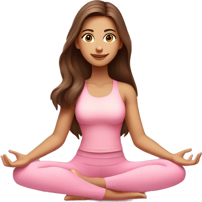 Brunette long hair and brown eyes yoga beautiful girl in light pink pink pink clothes sitting on a yoga mat emoji