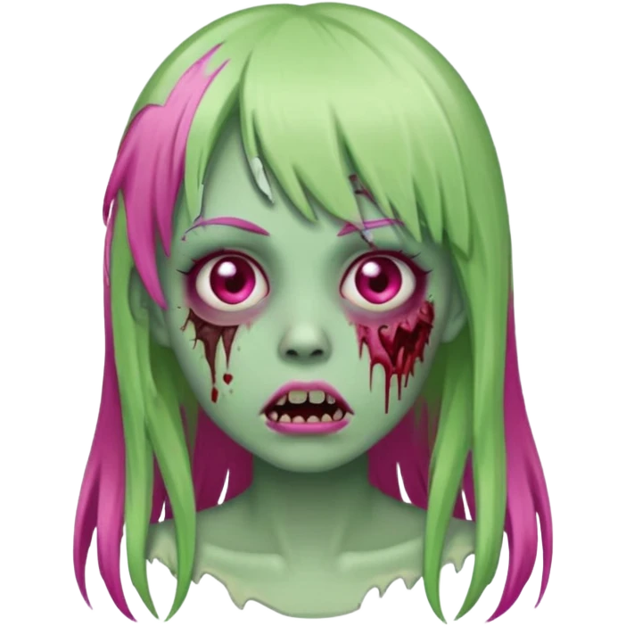 Create a female zombie emoji with long, straight hair in hot pink and bangs. emoji