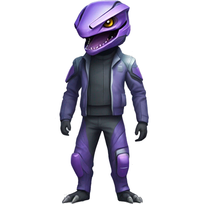 a Reptile-Raptor-Genesect-Fakémon with a futuristic visor-helmet and wearing a techwear-suit Full Body emoji