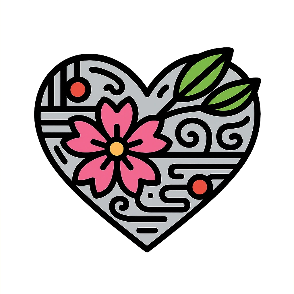 Make the silver accents and details absolutely dominant and overwhelming on the heart with sakura, color outline icon style. No background. emoji