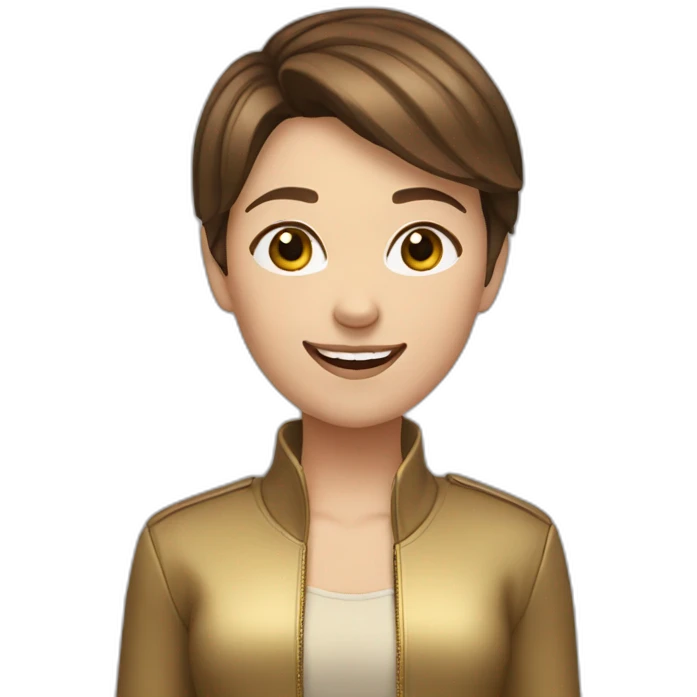 girl-short brown hair-gold jacket-smile emoji