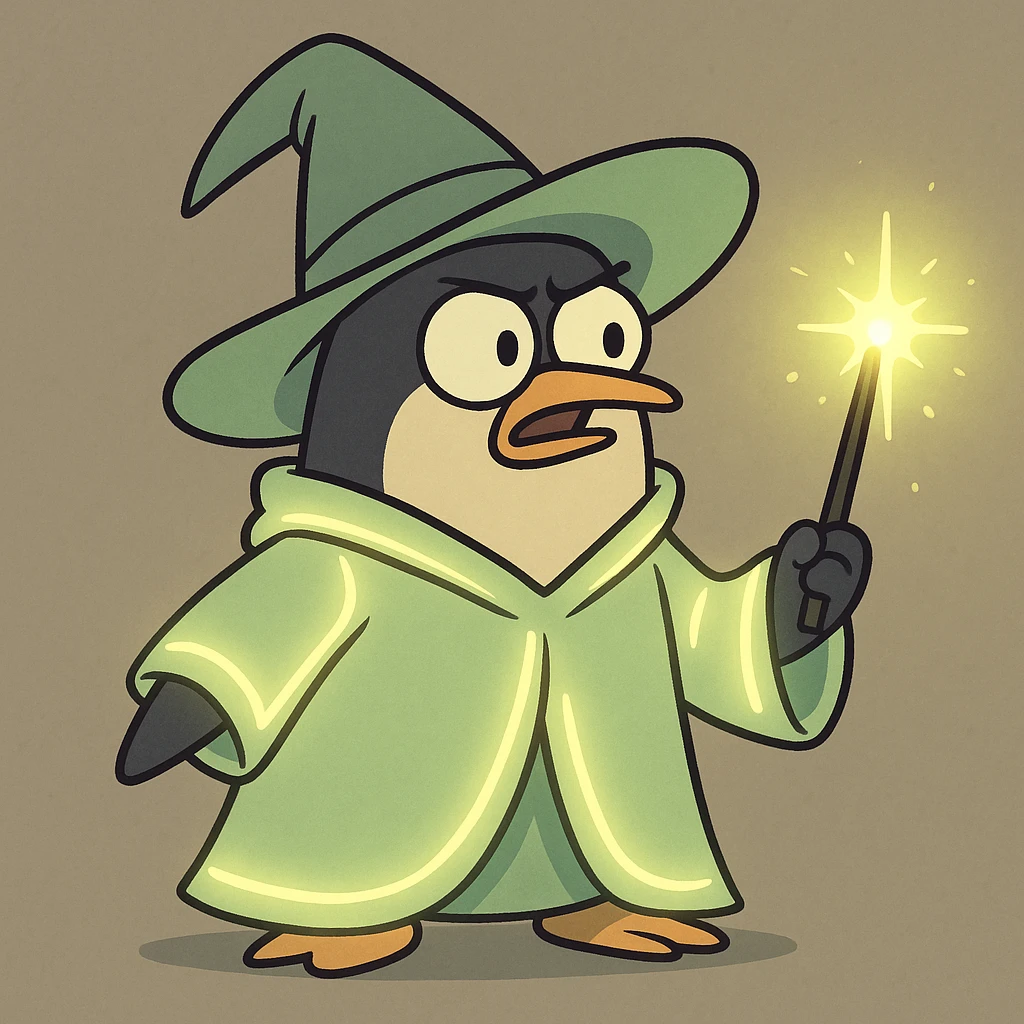 a cartoon penguin wizard casting a spell with a glowing wand and robe emoji