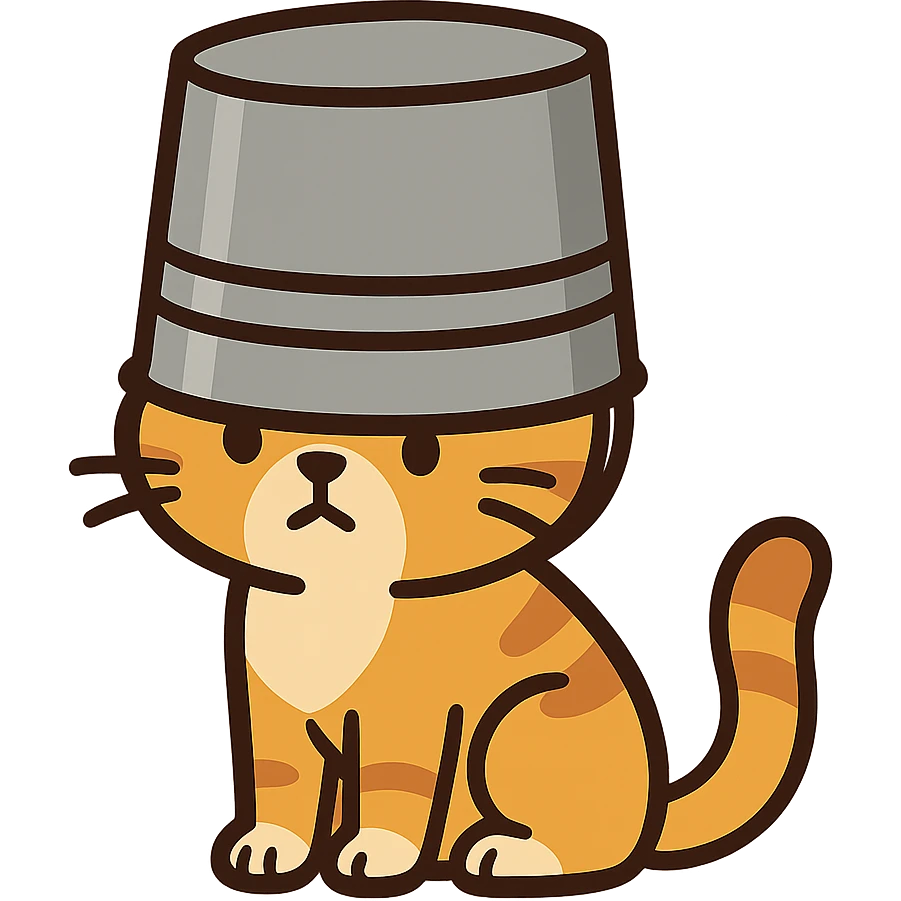 flat toon style cute cat sitting with a large bucket stuck on its head emoji