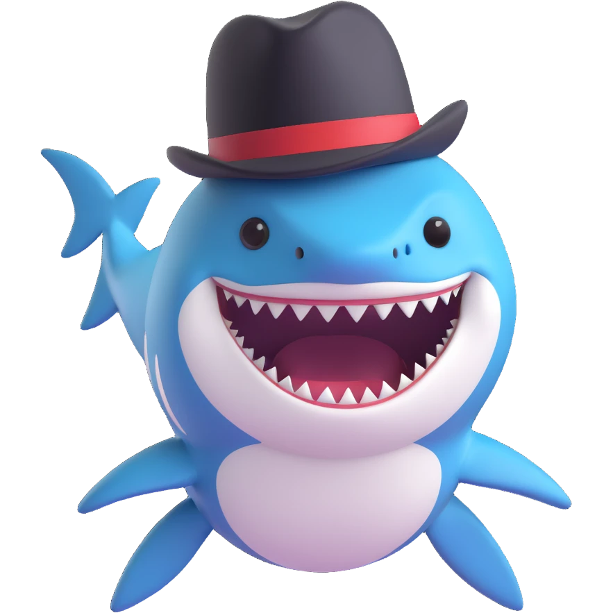 cute shark with a black top hat, friendly expression emoji