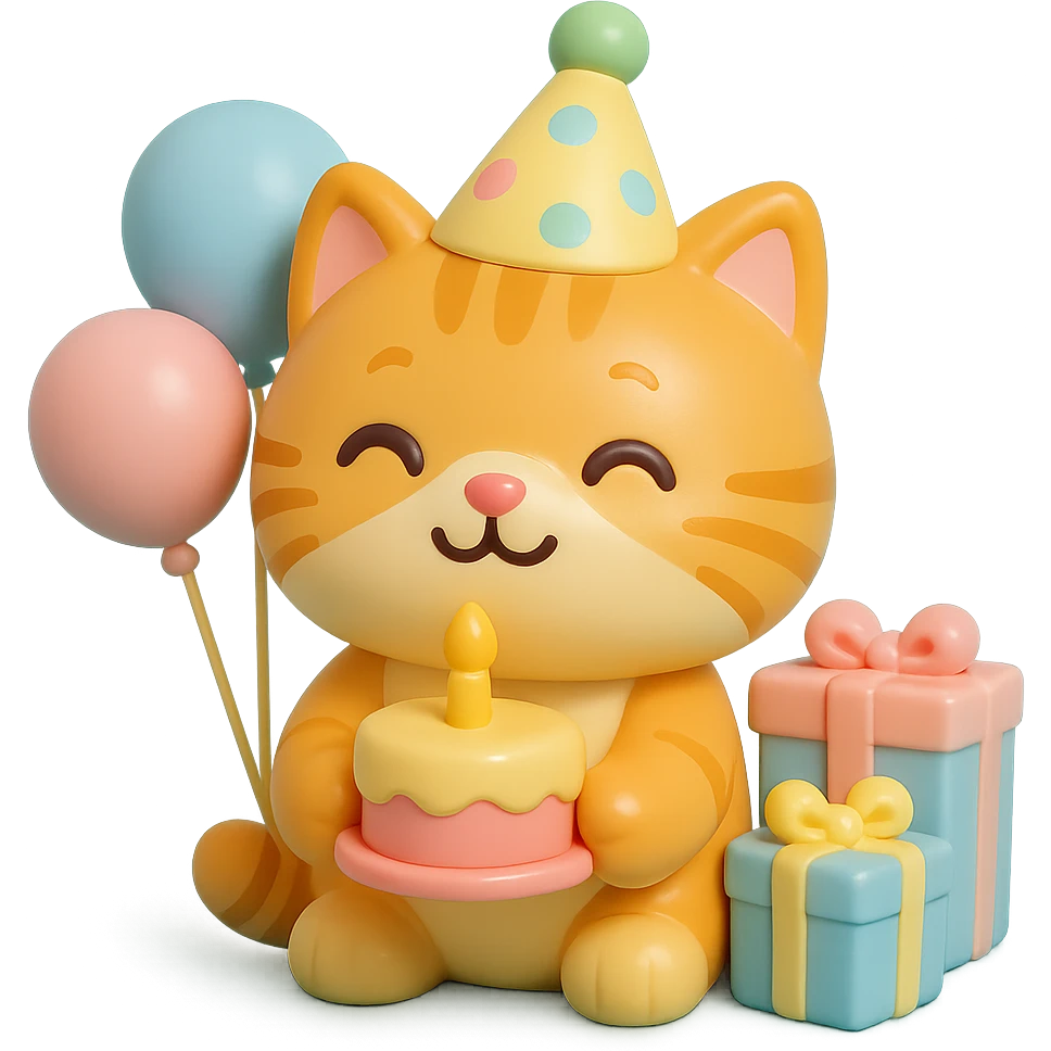 ginger tabby kitten celebrating birthday, wearing a birthday hat, with birthday cake, balloons, happy expression, and gifts emoji