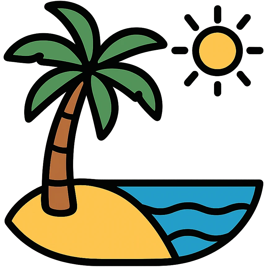 tropical beach vacation with palm tree and sun emoji