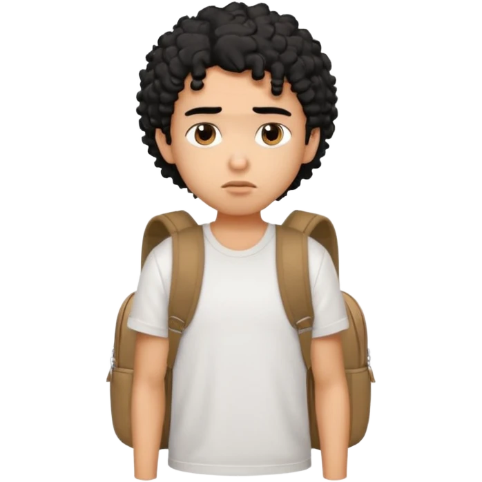 a pretty bratz guy with black curly hair wearing a white tshirt and brown backpack looking tired emoji