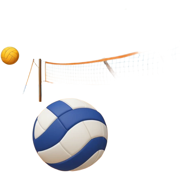 The scene captures an orange sand, sunny sea beach with clear blue sea and sky, palm trees swaying. A volleyball resting on the orange sand ground of a beach, with a volleyball net in the background.  emoji
