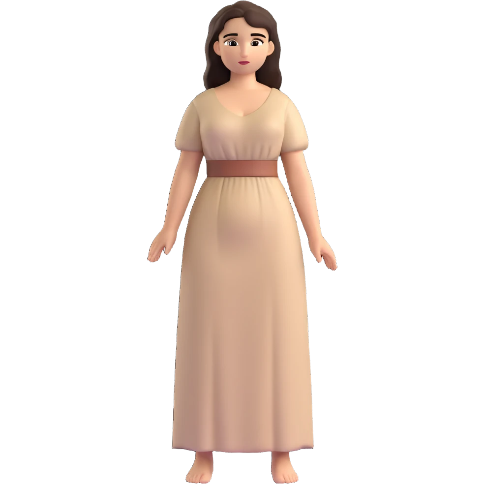 fullbody Mary Magdalene, fit and buxom body, very pretty detailed face, normal height, plain light tan dress, arms down with hands by hips, dark hair emoji