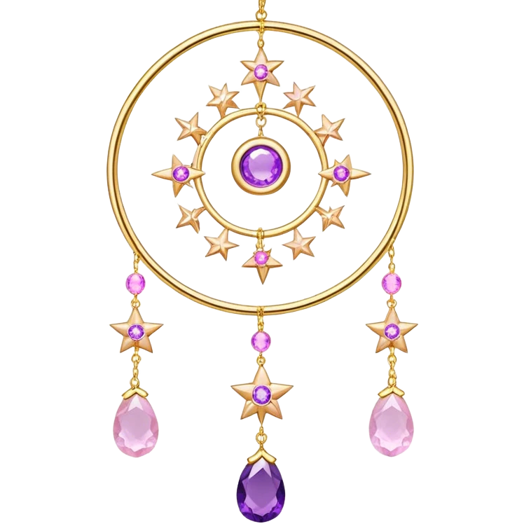Epic Hanging gold suncatcher, threads with shiny sparkly amethyst and rose-quartz gemstones, flowers, moons, stars, gradient colors, pastel, vibrant colors emoji