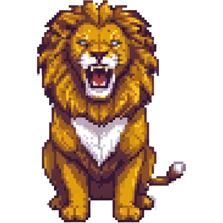 a big, fierce male lion, roaring, pixel art style emoji