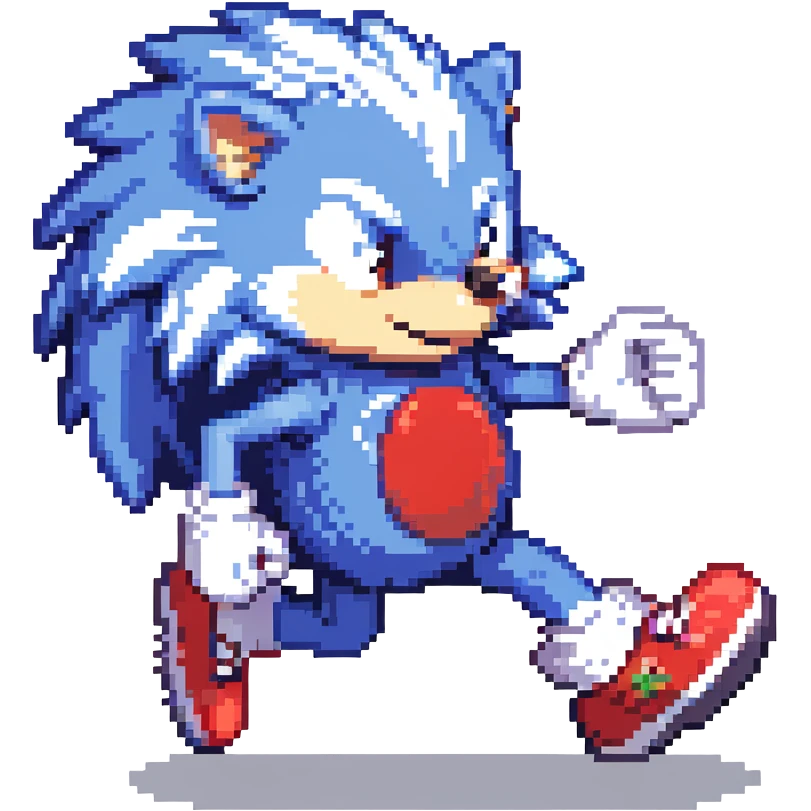 blue hedgehog with red shoes and white gloves, mid-run in a colorful Green Hill Zone with golden rings and motion lines, confident expression emoji