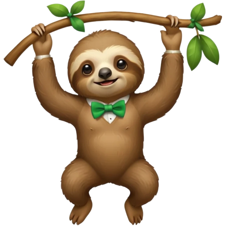 cute swinging Sloth on stick, green bow tie emoji