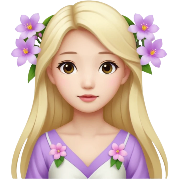 Asian girl with long blonde hair white skin makeup natural with flower in her ear, her dress is white and pink lil flowers  emoji