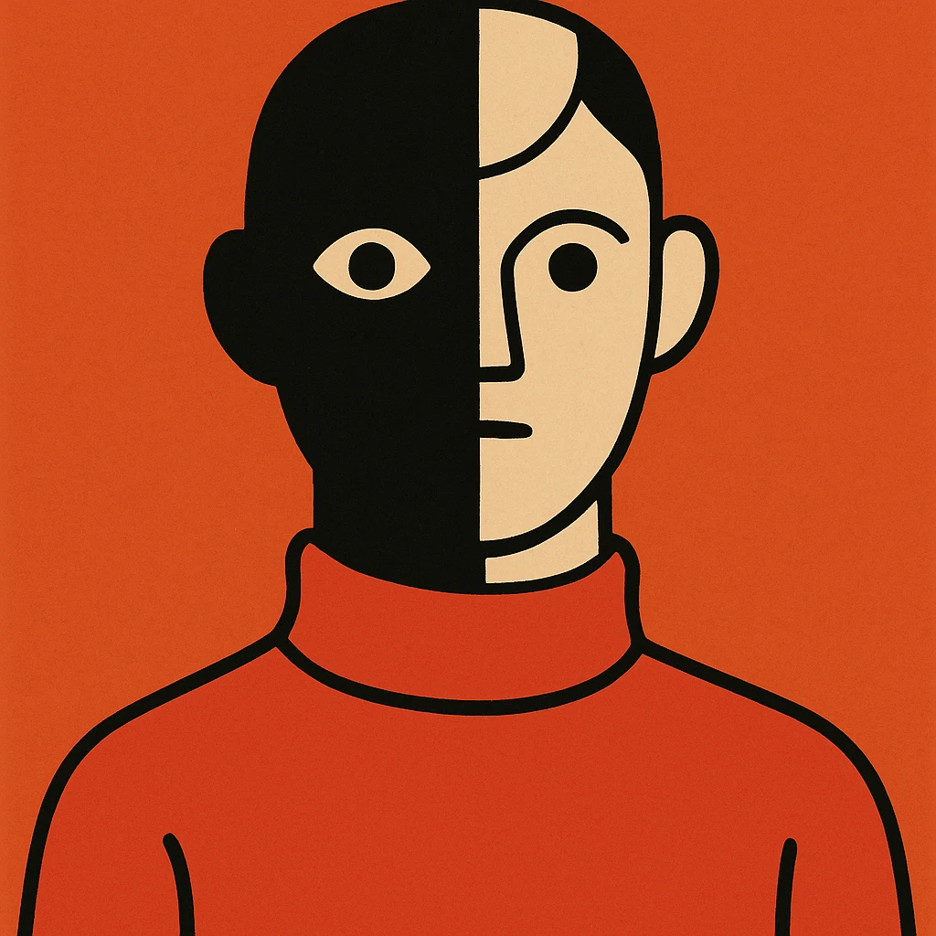 A minimalist character with a face split into black and white halves: the left side is entirely black with a white eye, and the right side is white with a black eye. The character is wearing a red high-neck sweater emoji