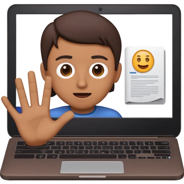 A dark-colored laptop with the screen open. From the screen, a person is emerging, giving a lecture or teaching. The person should look expressive and in a teaching pose. Soft shadows, semi-3D emoji style, clean background. video course emoji