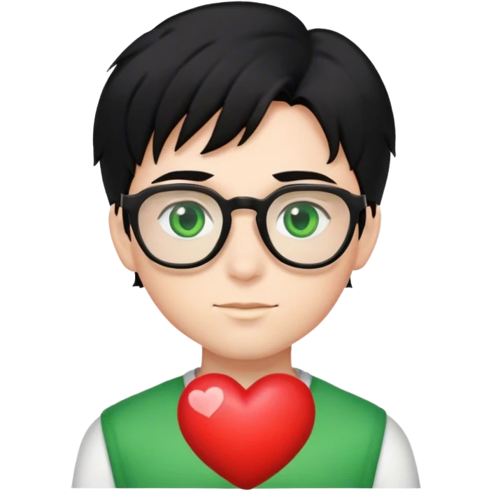 boy with black hair green eyes and glasses with a love heart  emoji