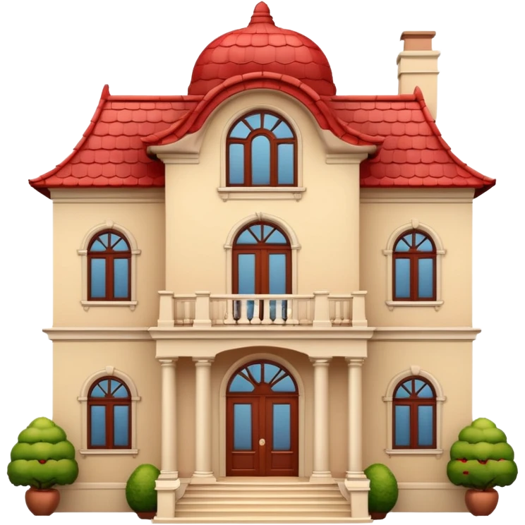 Apple-style 3D emoji of a large traditional mansion, with multiple windows, a big entrance door, red tiled roof, cream-colored walls, decorative balcony details, cartoonish but elegant design, no background. emoji