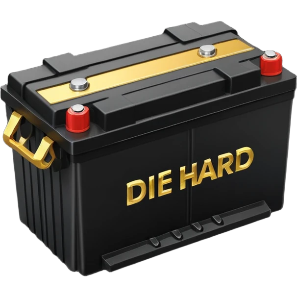black car battery featuring the name 'Die Hard' and dynamic gold force lines, showcasing its powerful nature emoji