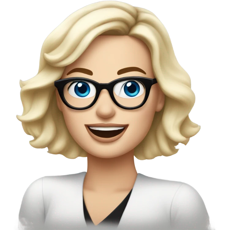 Real margot robbie,  bright blue eyes, wearing black glasses and waving hand emoji