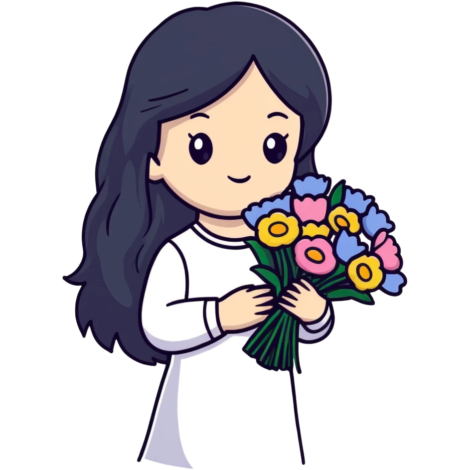 Beautiful girl with long black hair holding a bouquet of flowers emoji