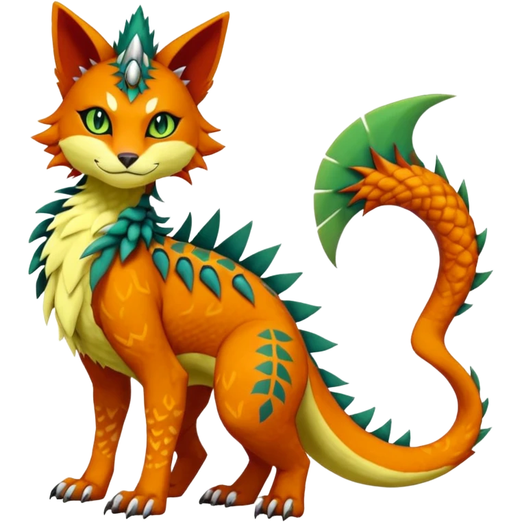 Kawaii cute reddish orangish yellowish greenish exotic tribal beautiful pretty elegant divine edgy feline-vernid-sergal-Fakémon-Pokémon-Digimon-fursona-animal-creature with accessories, jewelries, full body, with intricate detailed markings, furs, fins, scales, spiny emoji