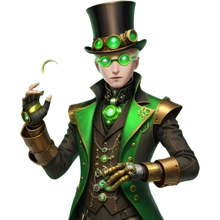 Dr. Nyx Oppen is a rogue quantum physicist turned cybernetic oracle in a Steampunk-infused dystopia. He wears a gear-embellished top hat and brass-laced suit, his mechanical gauntlets sparking with arcane energy. A steam-driven monocle glows neon green, and he wields a retrofitted ‘radium vape’—trailing eerie atomic plumes through the city’s clockwork shadows. emoji