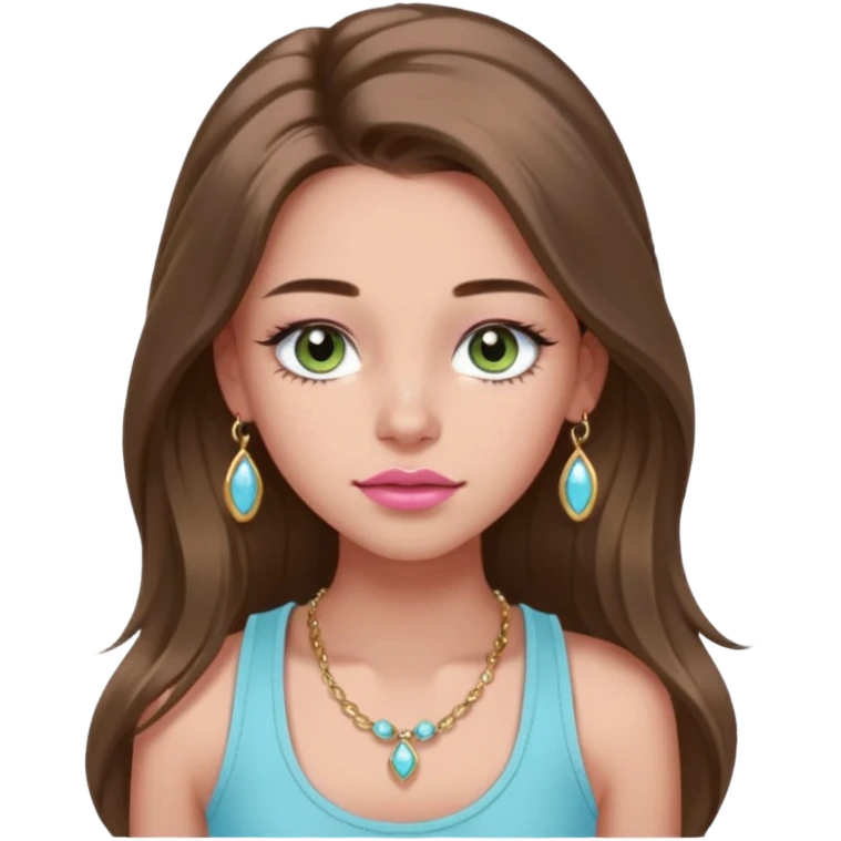 Create a teen girl wearing a light blue tank top. She will have long brunette hair, tan skin, pink lips, and grey-green eyes. She has long eyelashes. She also has light freckles and is wearing tiny gold jewelry emoji
