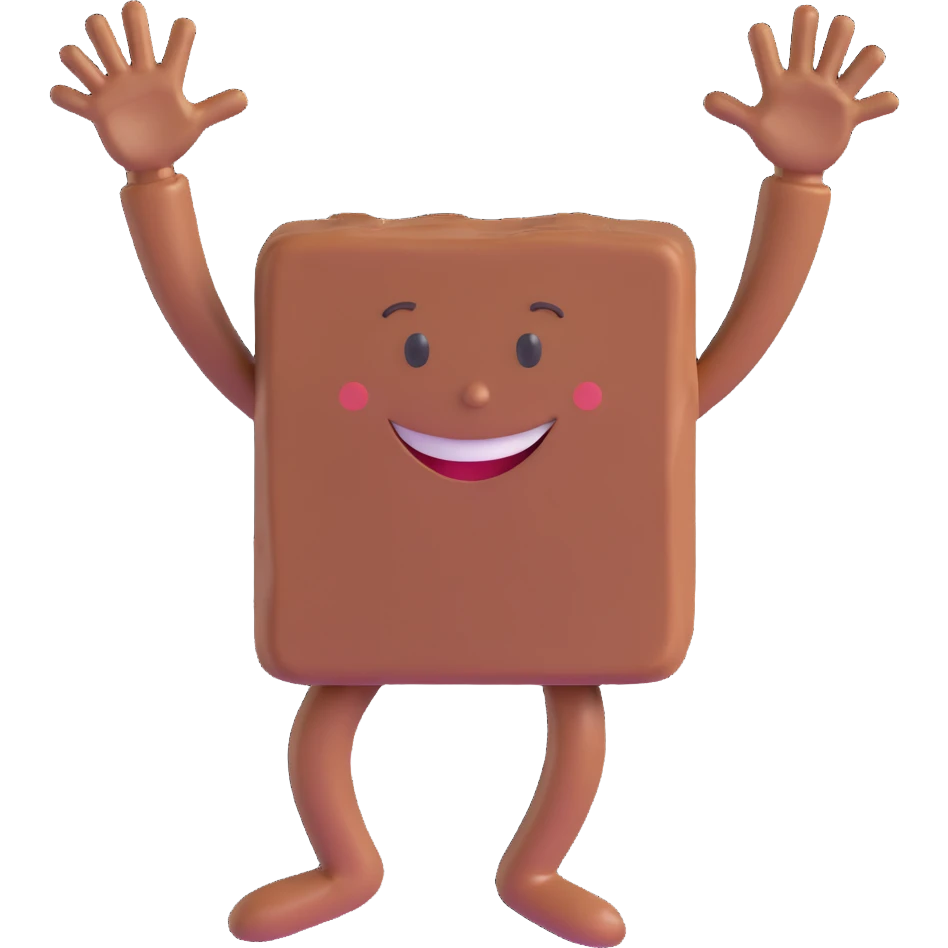 a piece of brown fudge smiling, with arms and legs, playful emoji