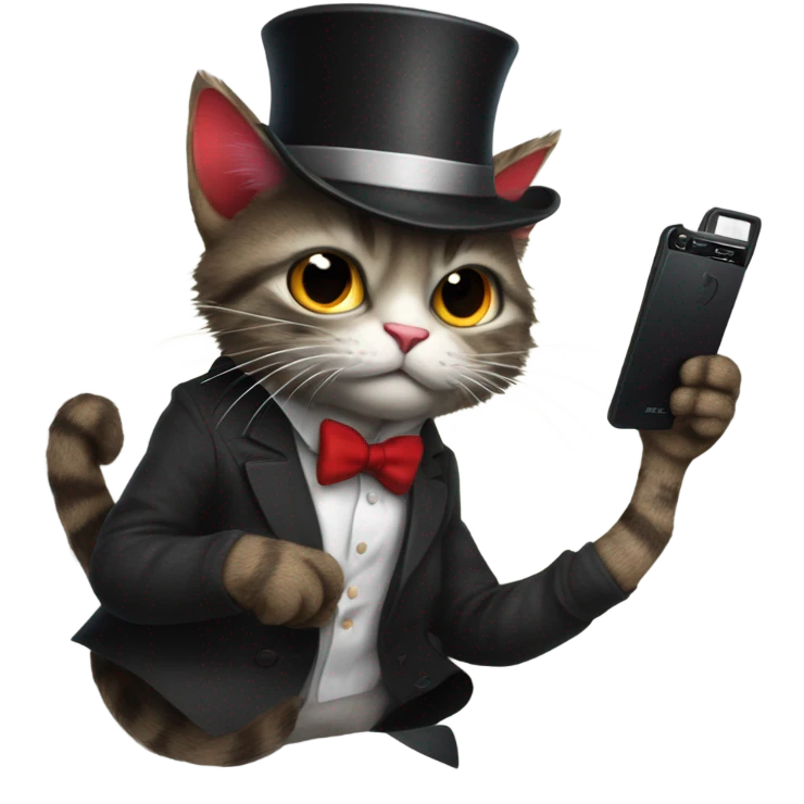 Cat with a top hat wearing a suit and tie and black ripped jeans with a fluffy tail and sharp claws and fingerless gloves while holding a red phone emoji