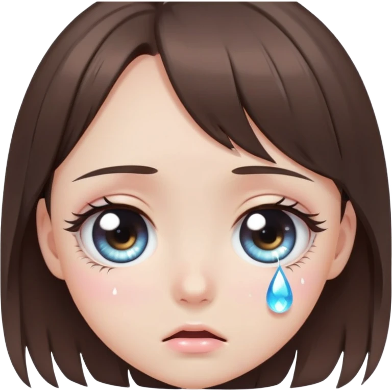 Cute anime-style crying girl eye, brunette, big round eye with a teardrop falling down, sparkly pupil, long lashes, soft pastel colors, kawaii emoji aestheti emoji