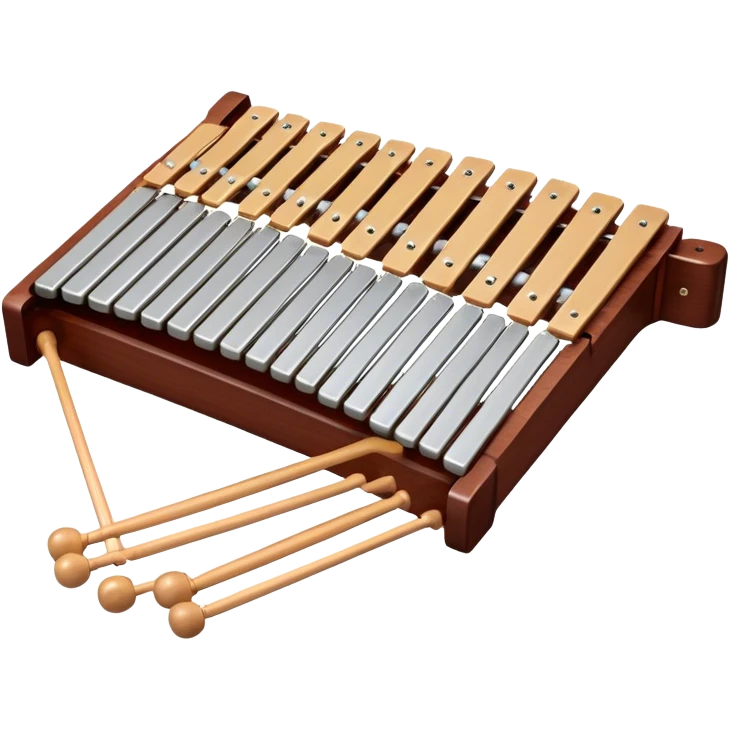 Create a detailed and professional emoji representing a Fleet FLT-SX37 long orchestral wooden xylophone. The design should showcase the large wooden bars of the xylophone, arranged in a traditional setup, with soft metallic accents on the mallets. The bars should have a rich wood texture, with polished details to reflect the quality of the instrument. The mallets should be held above the bars, with the heads clearly visible. Use warm, rich wood tones like mahogany and light brown, with silver or metallic accents for the mallets. Add subtle musical notes floating above the xylophone to emphasize its melodic sound. The background should be transparent. emoji