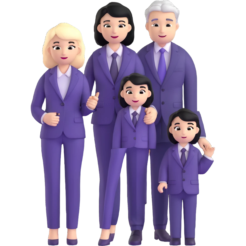 The Parr family from Incredibles in civilian clothes - Bob in business suit, Helen in casual clothes, Violet teen with black hair, Dash blonde boy, baby Jack-Jack emoji