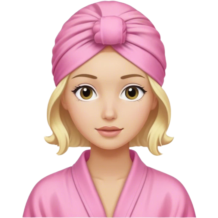 Blonde model wearing a pink robe and shower hair turban, self-care emoji